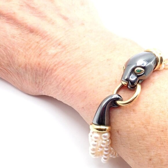 Panthere de Cartier Panther 18k Yellow Gold & Silverium Pearl Emerald Bracelet - Picture 13 of 14